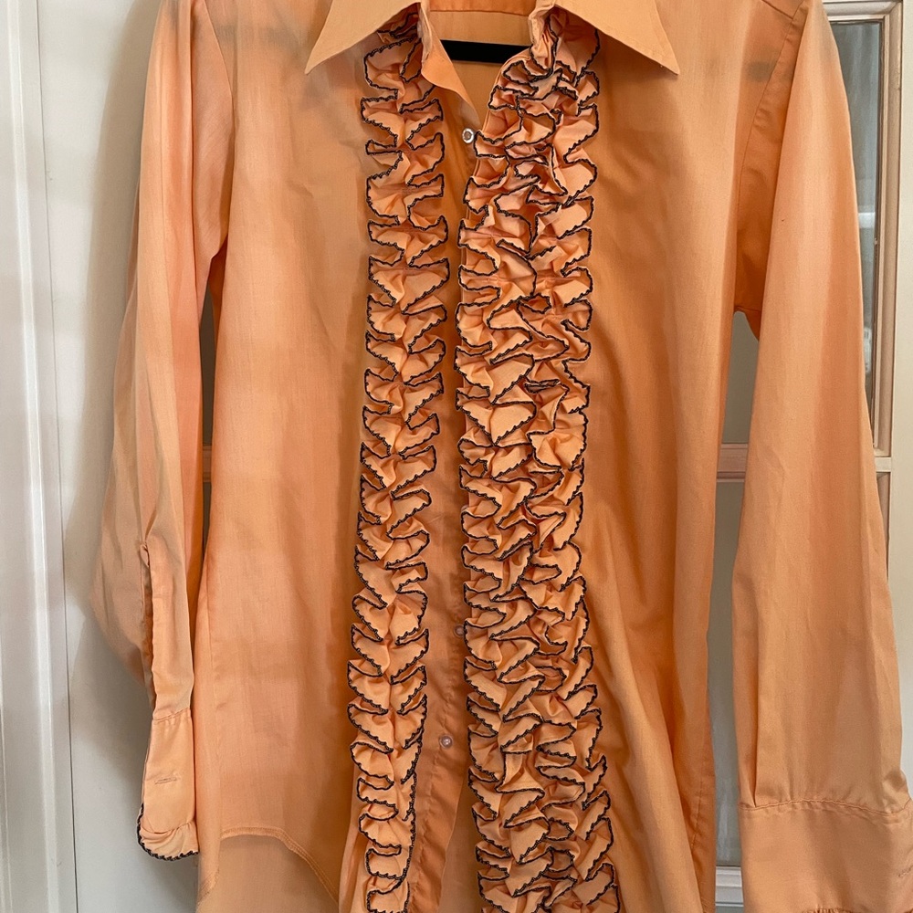 Vintage 70s AFTER SIX Ruffle Front Peach Tuxedo Shirt Size S2